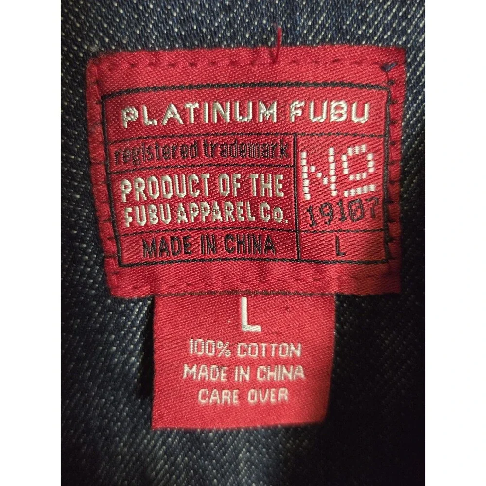 Vtg Platinum FUBU Jacket Mens L Blue Denim Fat Albert Graphic Hip Hop Y2K